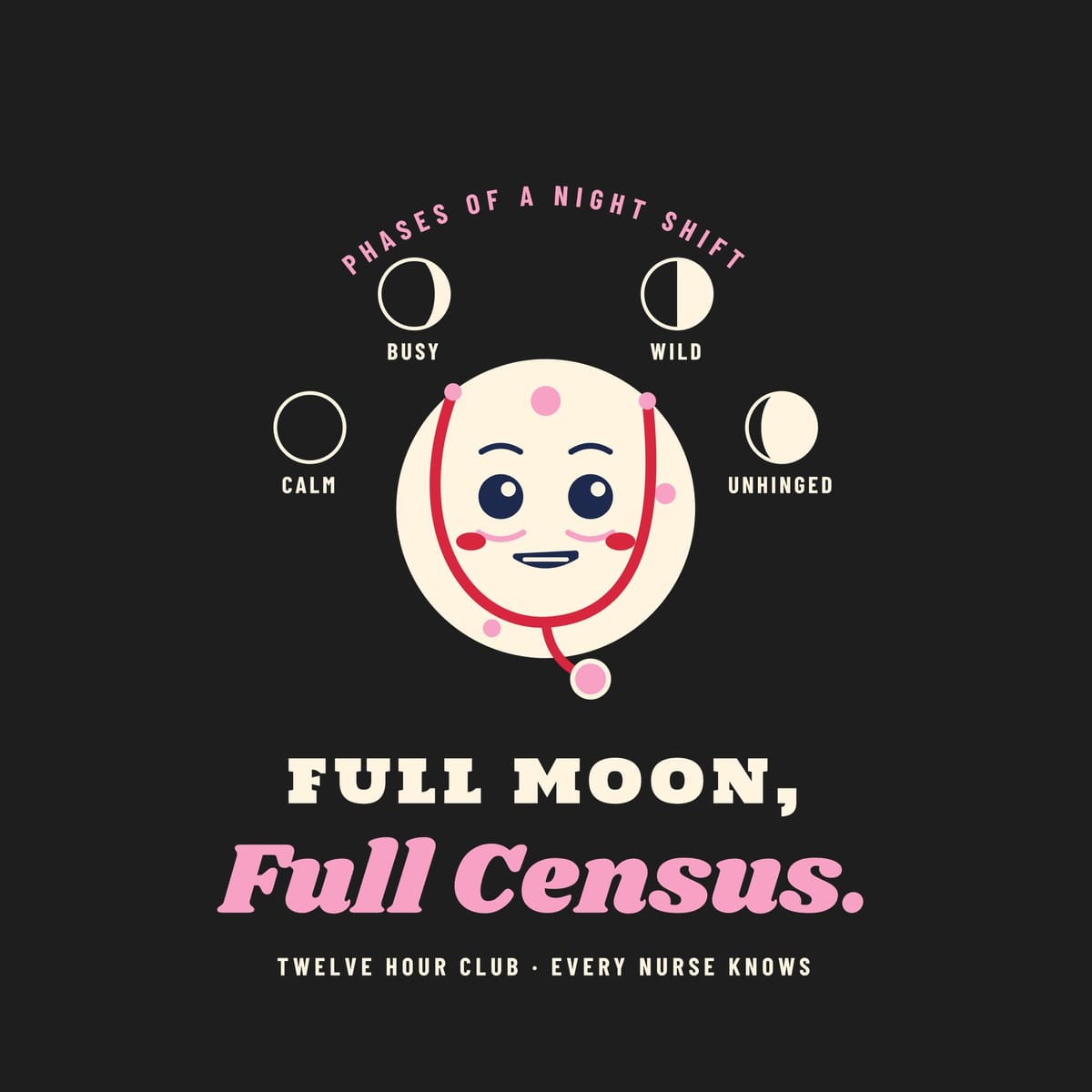 Close-up of the moon phase artwork showing the labeled phases and the stethoscope moon