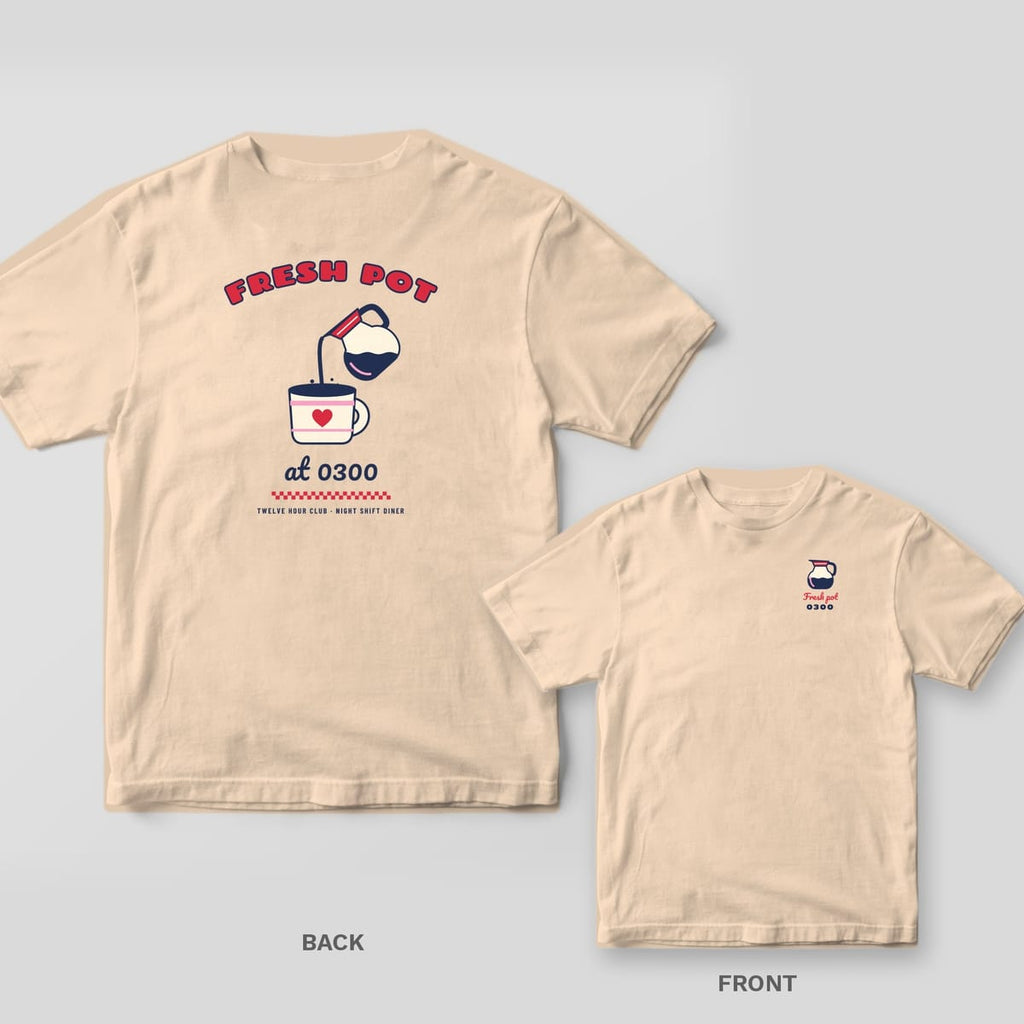 Ivory T-shirt back with a diner coffee pot pouring into a heart mug under Fresh Pot and at 0300, plus a small coffee pot chest print