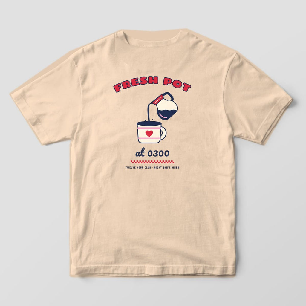 Back of an ivory Comfort Colors 1717 tee with the Fresh Pot at 0300 design