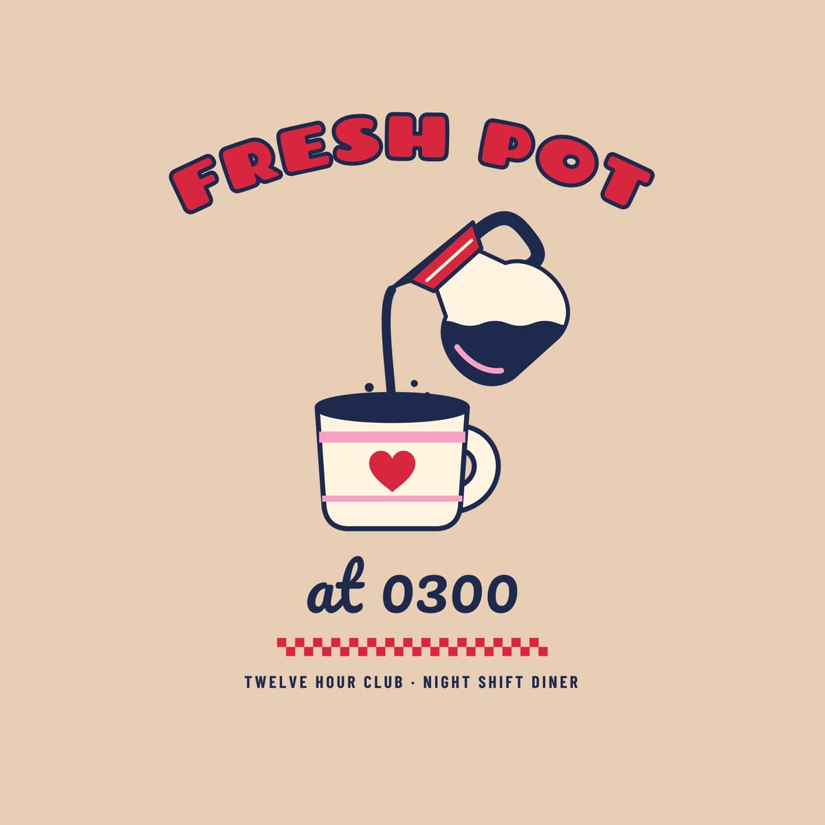 Close-up of the Fresh Pot artwork showing the pouring coffee pot, heart mug and checkerboard