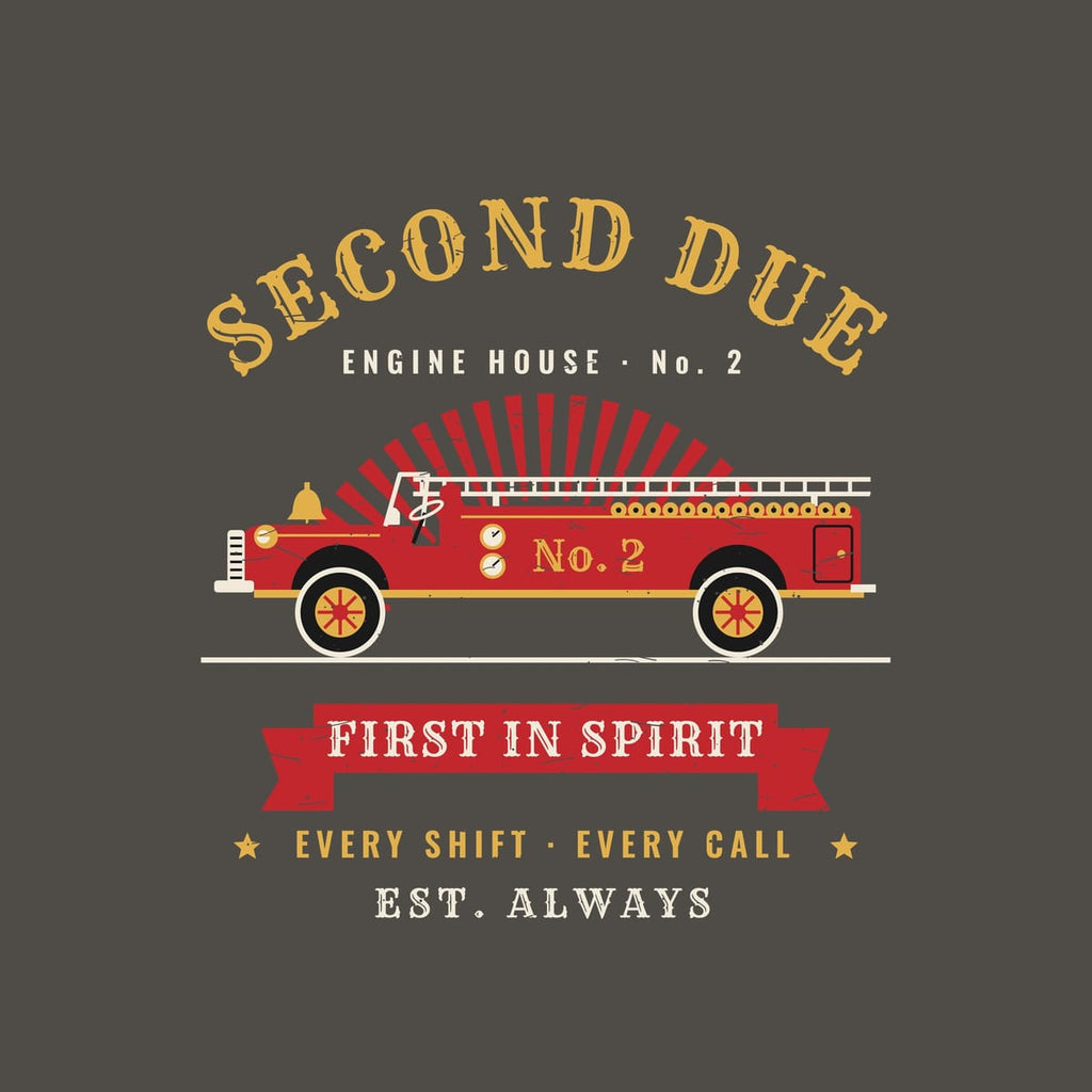 Close-up of the vintage fire engine print showing gold scroll lettering, ladder, hose bed and distressed texture