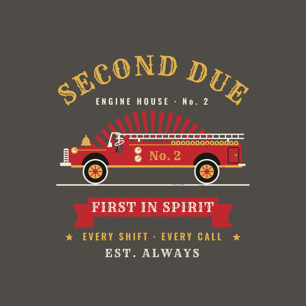Close-up of the vintage fire engine print showing gold scroll lettering, ladder, hose bed and distressed texture