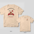 Ivory tee with crossed Halligan and axe over flames and an Irons banner on the back, small matching tool badge on the front chest
