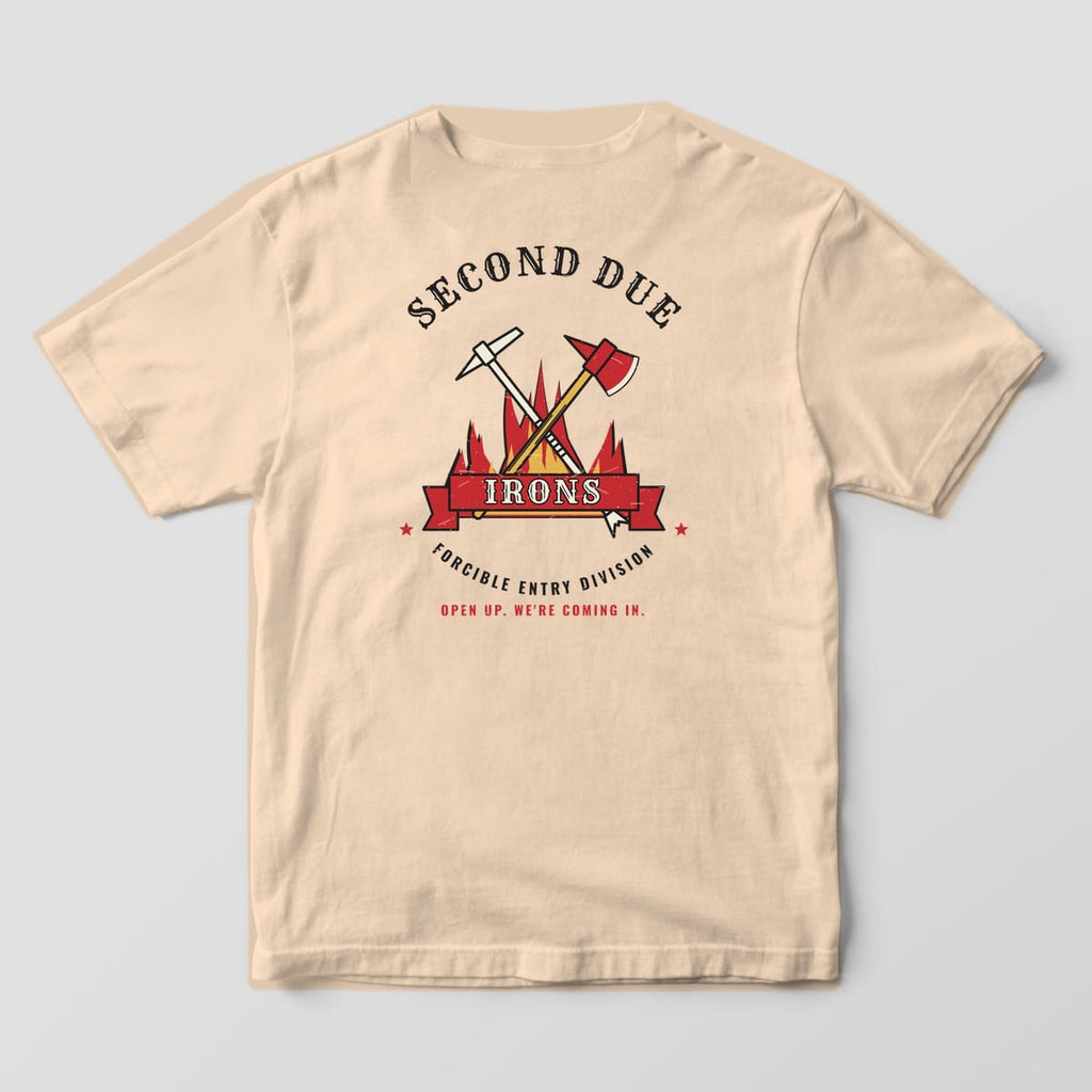 Back of an ivory Comfort Colors tee with crossed Halligan and fire axe, red Irons banner and Forcible Entry Division text