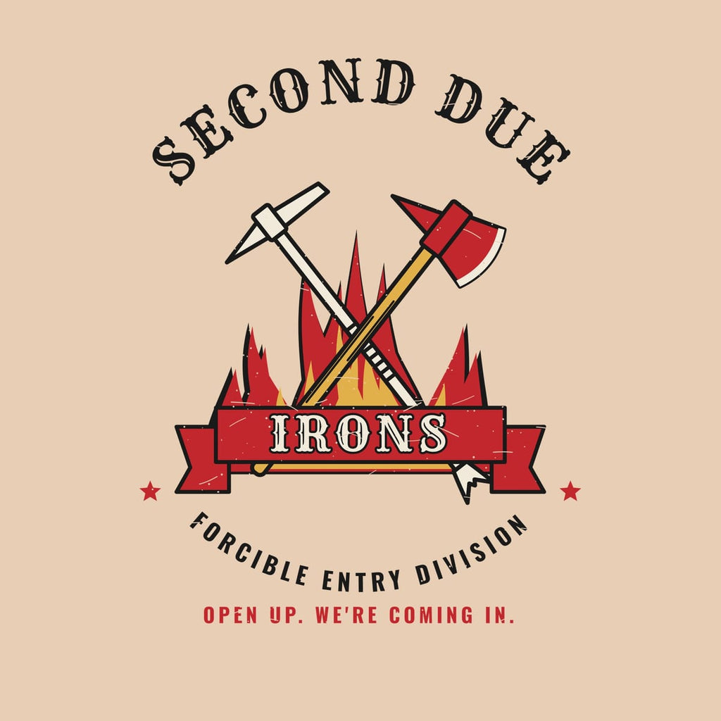 Close-up of the crossed Halligan and axe print with flames, banner and distressed texture