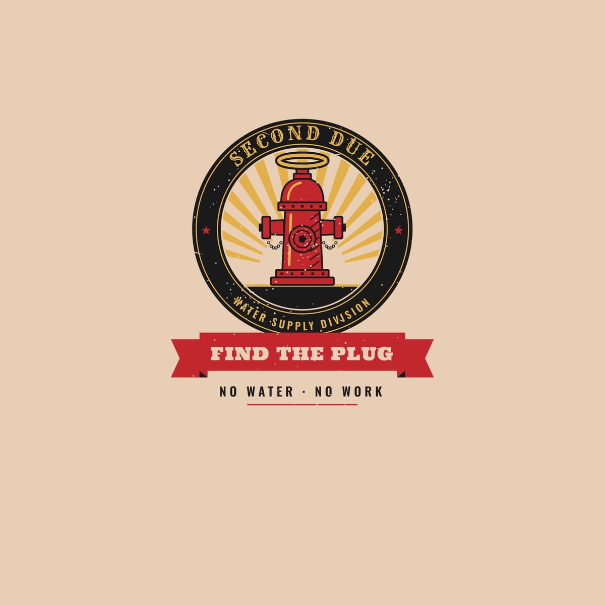 Close-up of the hydrant badge print showing the chains, caps, sunburst rays and distressed texture