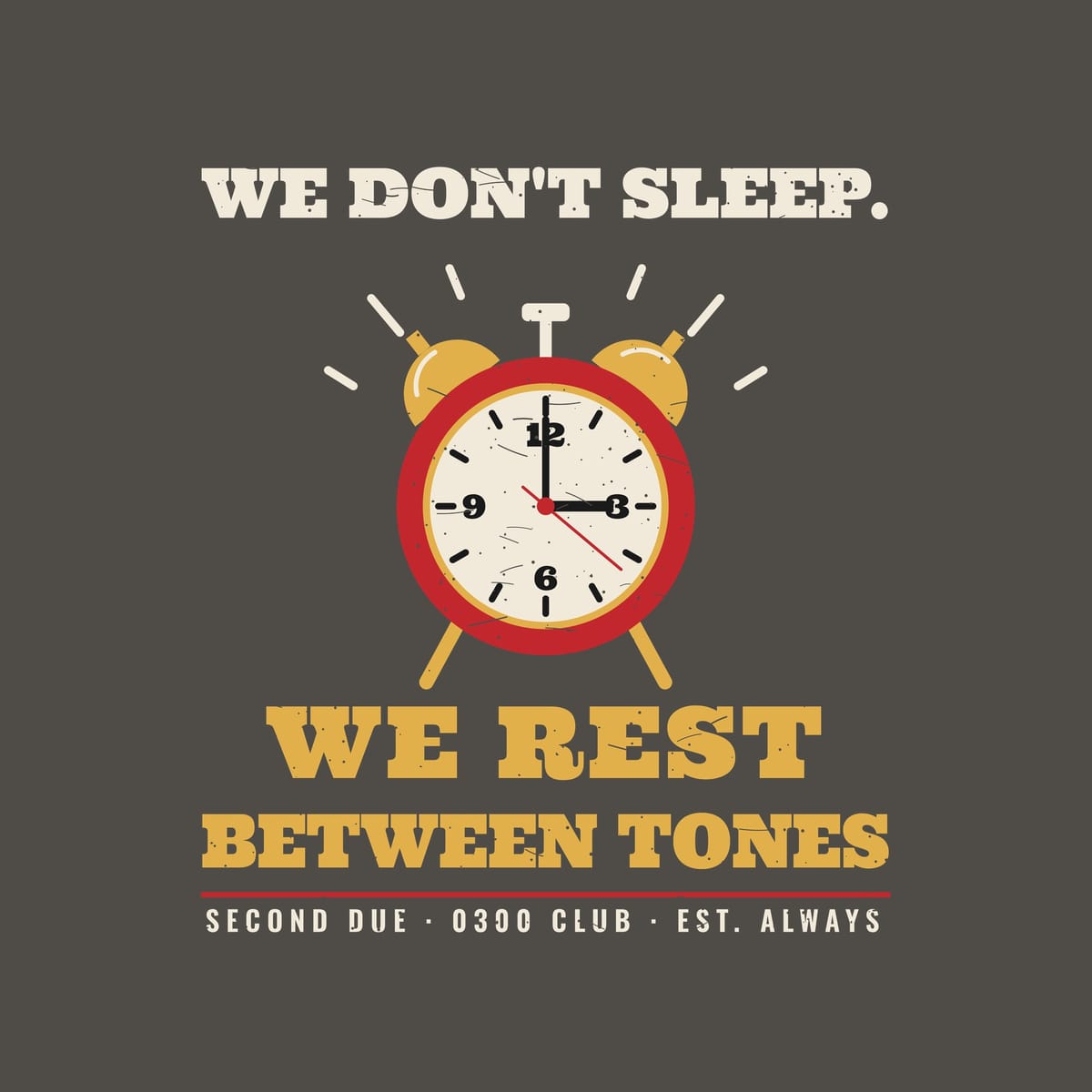 Close-up of the alarm clock print showing the clock face, bells and bold gold lettering