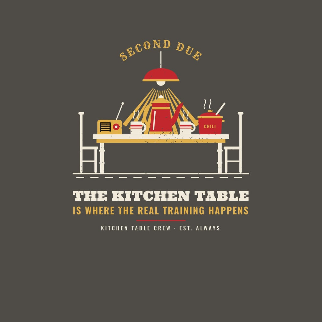 Close-up of the kitchen table illustration showing the percolator, mugs, radio, chili pot and lamp rays