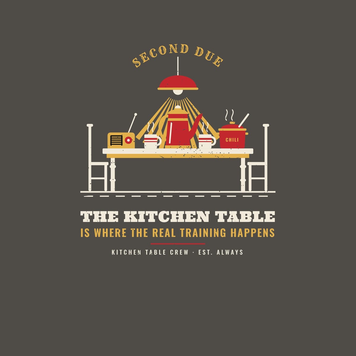 Close-up of the kitchen table illustration showing the percolator, mugs, radio, chili pot and lamp rays