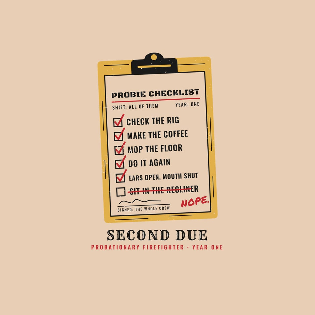 Close-up of the probie checklist print showing checkboxes, red check marks and the NOPE note