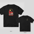 Black tee with an aerial ladder over a red night skyline and Truckies Do It Higher on the back, small ladder on the front
