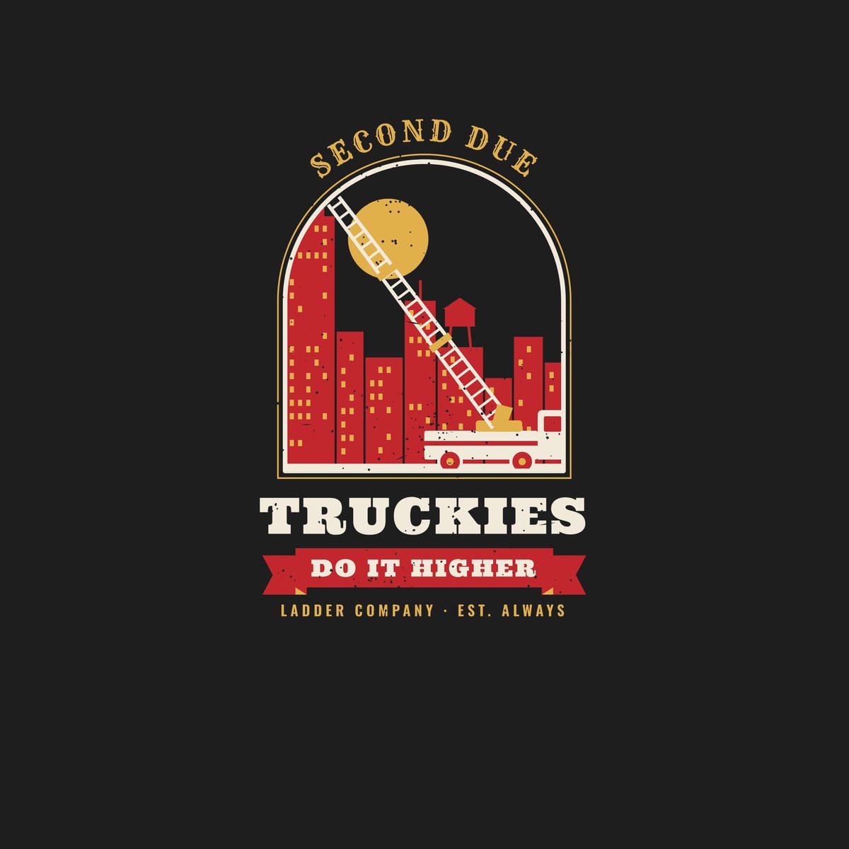 Close-up of the aerial ladder and skyline print showing building windows, water tower and moon