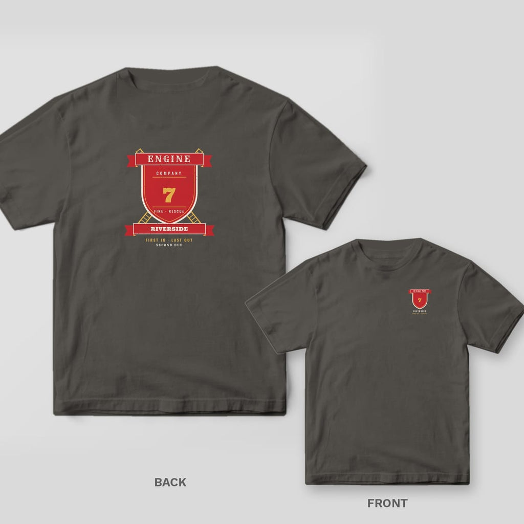 Charcoal tee with a red Engine 7 shield crest and Riverside banner on the back, small matching shield on the front chest