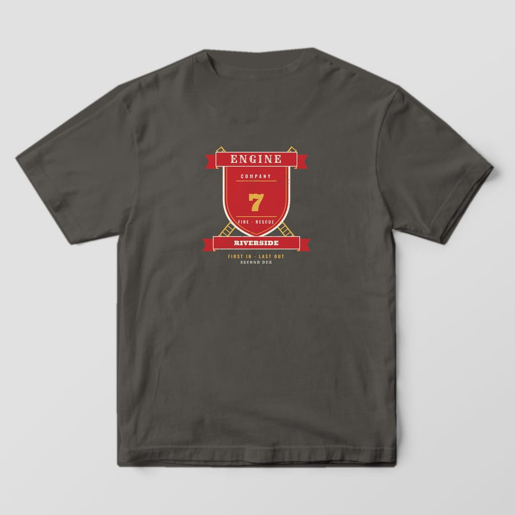 Back of a pepper Comfort Colors tee with a personalized Engine company shield, crossed ladders, number 7 and Riverside banner