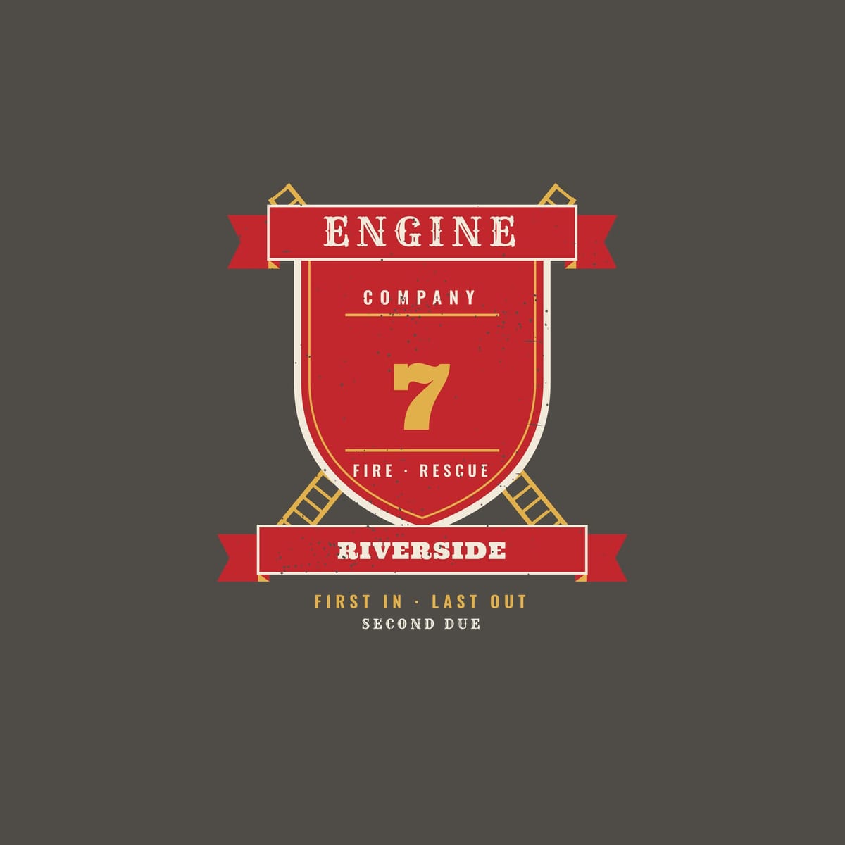 Close-up of the engine company crest showing the shield, ladders, banners and sample number and city