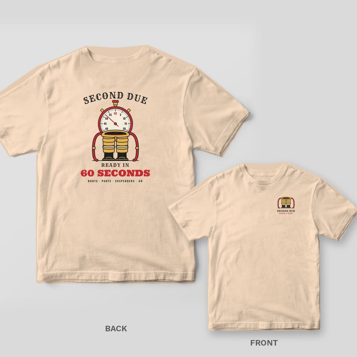Cream tee with staged turnout pants, boots and a red stopwatch reading Ready in 60 Seconds on the back, small boots on the front chest