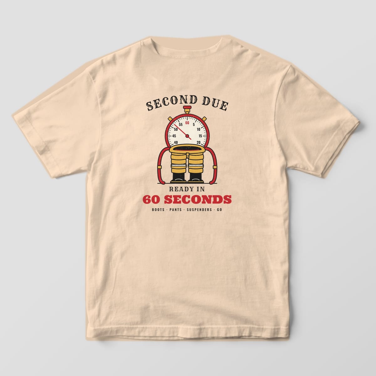 Back of an ivory Comfort Colors tee with tan bunker pants, black boots, red suspenders and a stopwatch, Ready in 60 Seconds