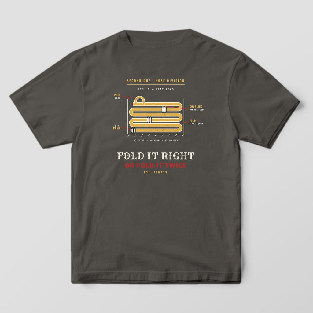 Back of a pepper Comfort Colors tee with a hose bed diagram, labeled couplings and folds, and Fold It Right or Fold It Twice