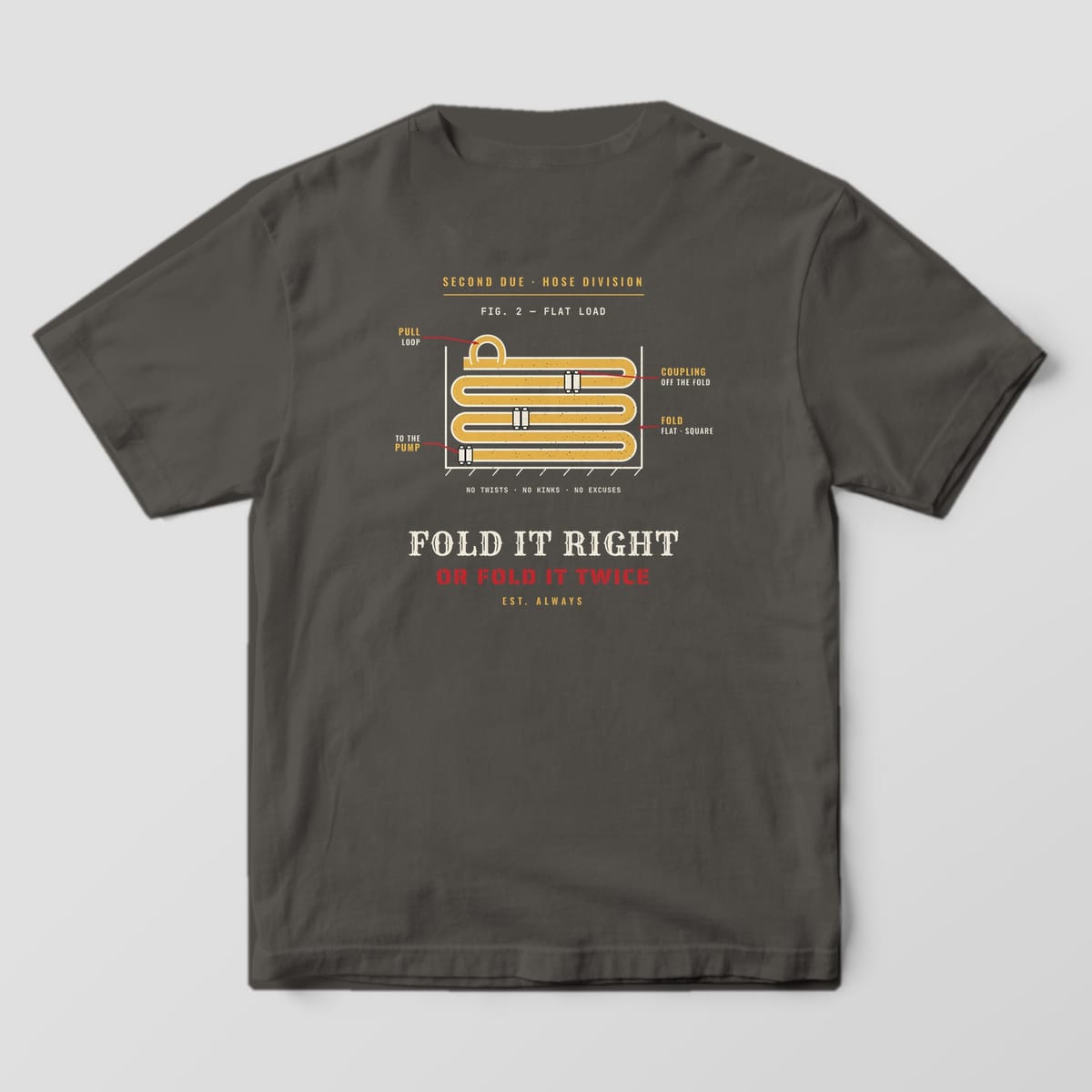 Back of a pepper Comfort Colors tee with a hose bed diagram, labeled couplings and folds, and Fold It Right or Fold It Twice