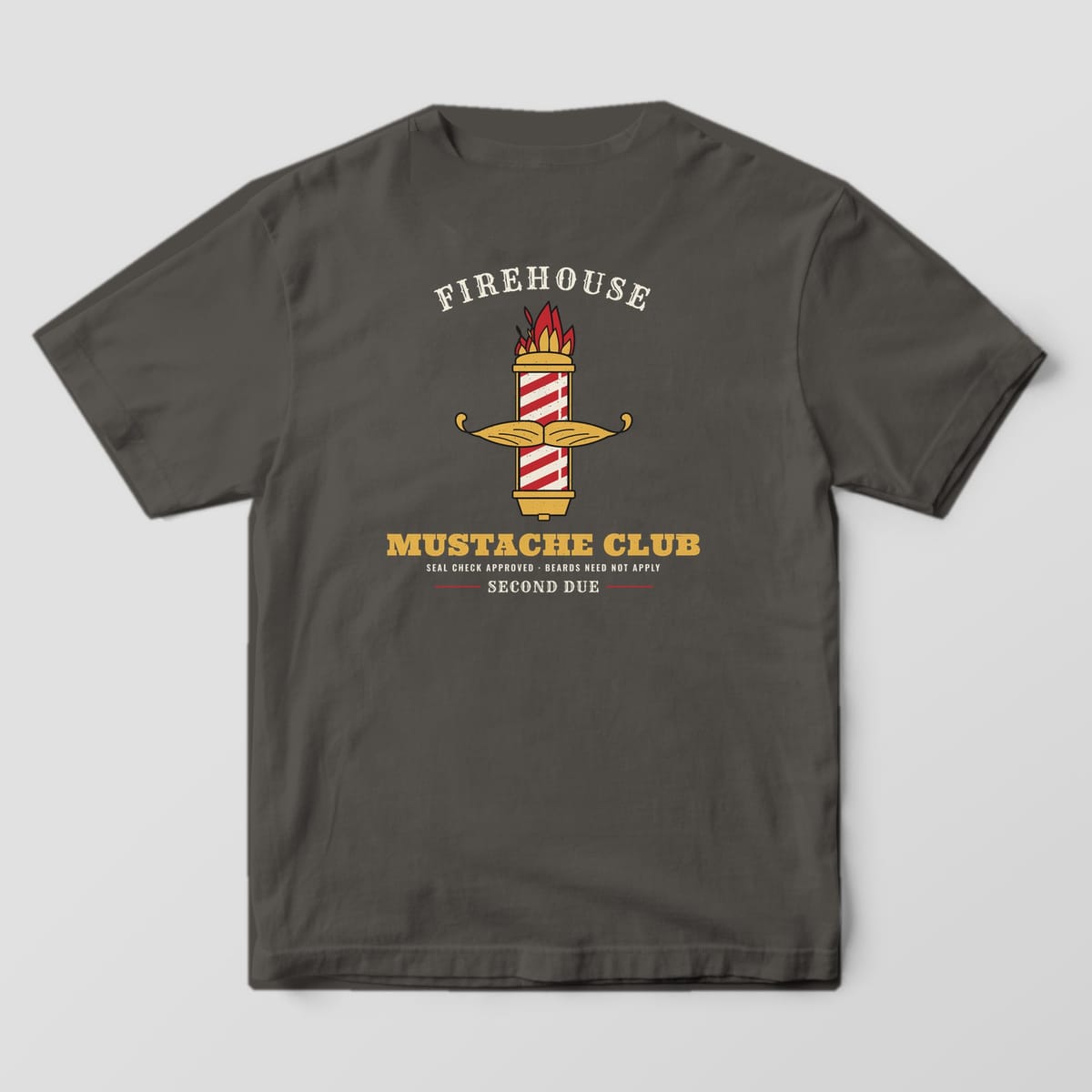 Back of a pepper Comfort Colors tee with a red and cream striped barber pole topped with flames, a gold mustache and Mustache Club