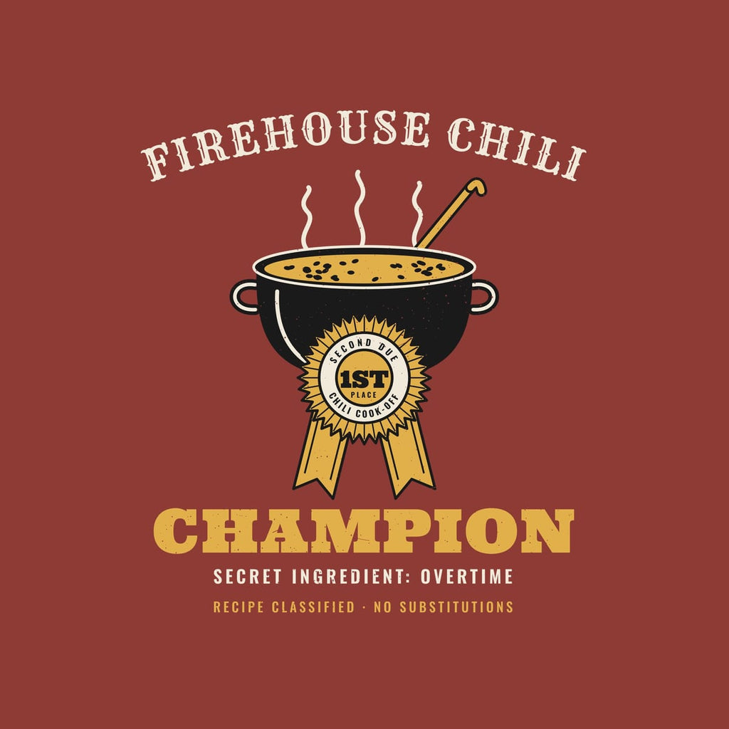 Close-up of the chili champion print showing the pleated rosette, beans in the pot, steam and distressed texture