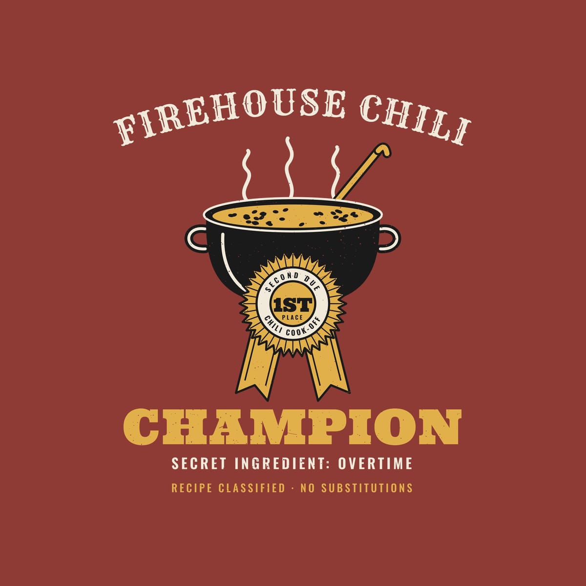 Close-up of the chili champion print showing the pleated rosette, beans in the pot, steam and distressed texture