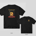 Black tee with a large gold leaf number 2 in a vintage engine door panel on the back, small matching number panel on the front chest