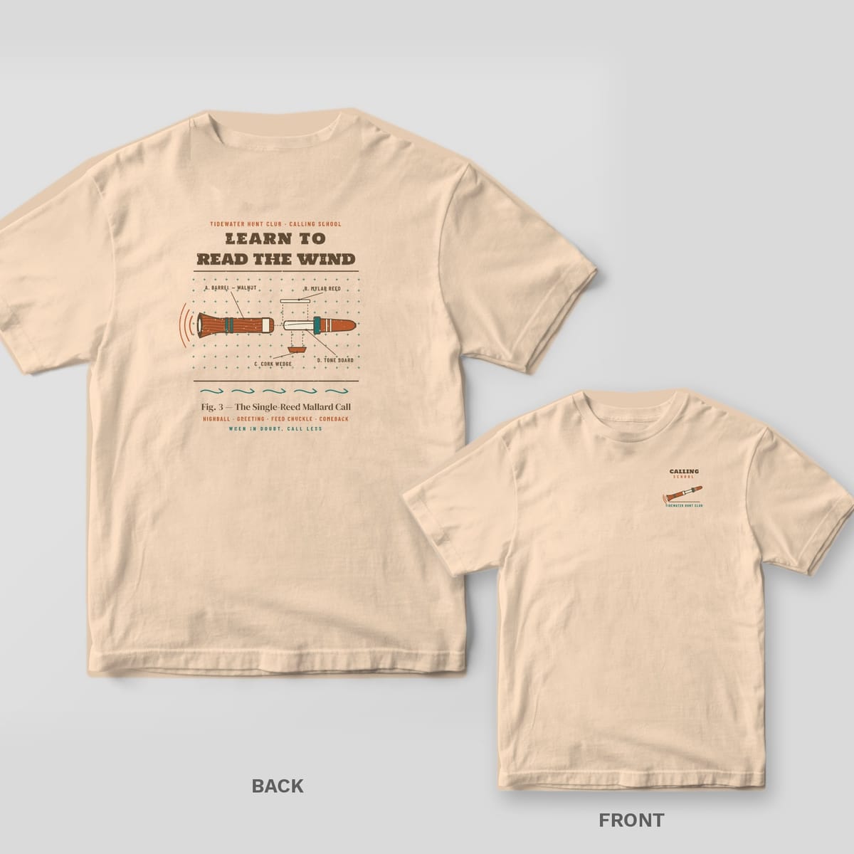 Learn to Read the Wind duck hunting shirt shown back and front on Ivory Comfort Colors 1717: exploded duck call diagram in brown, rust and teal