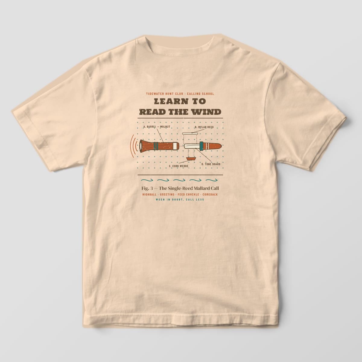 Back print on a Ivory Comfort Colors 1717 tee: "Learn to Read the Wind" over an exploded parts diagram of a single-reed mallard call (barrel, reed, cork wedge, tone board), captioned "Fig. 3, The Single-Reed Mallard Call" with "When in...