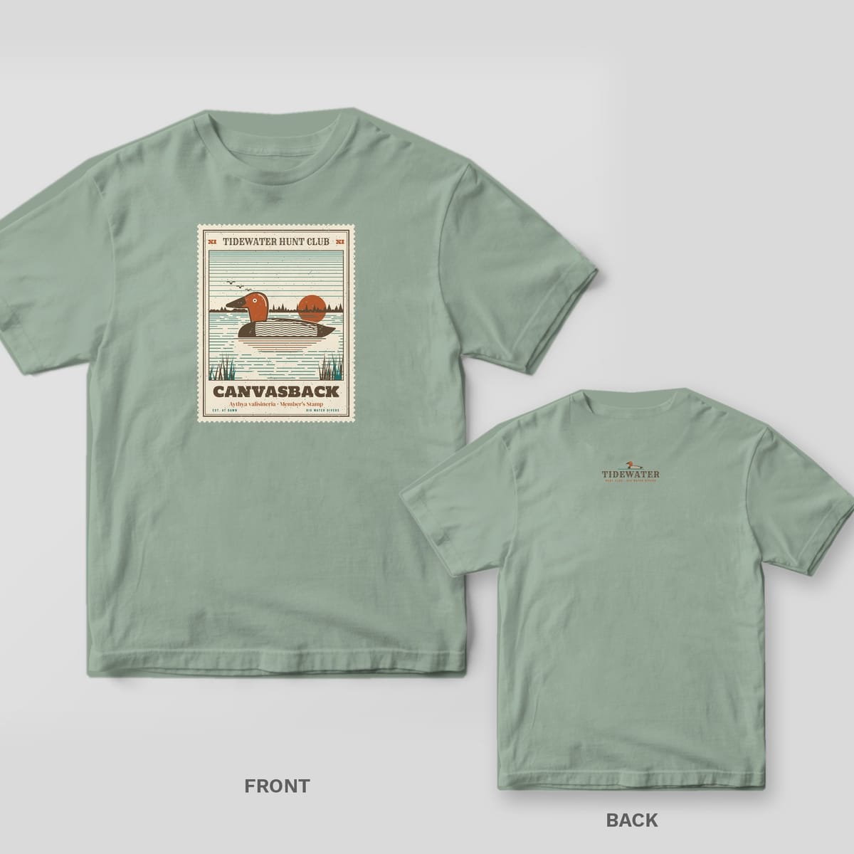 Canvasback Member Stamp duck hunting shirt shown back and front on Bay Comfort Colors 1717: perforated canvasback member stamp in brown, rust and teal