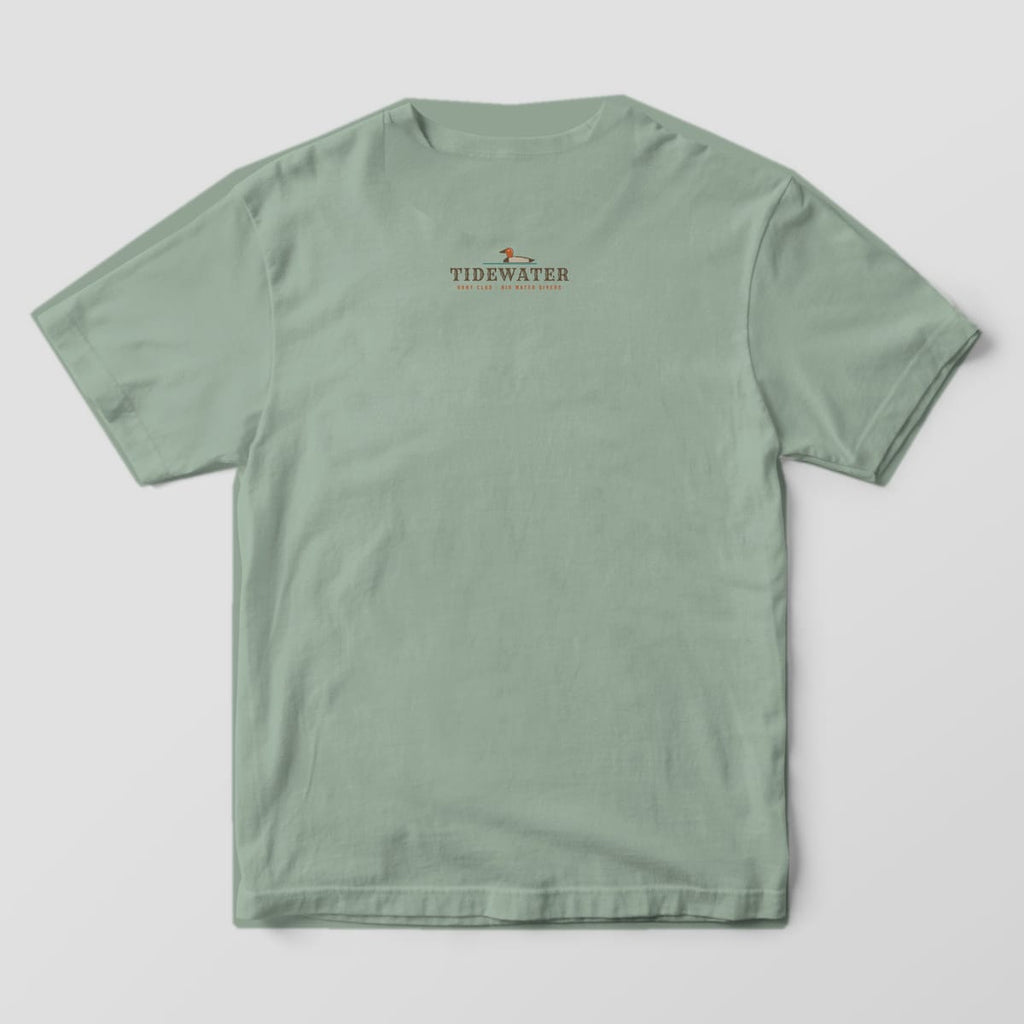 Back print on a Bay Comfort Colors 1717 tee: Small collar print under the neckline: a canvasback drake over "Tidewater" with "Hunt Club, Big Water Divers"