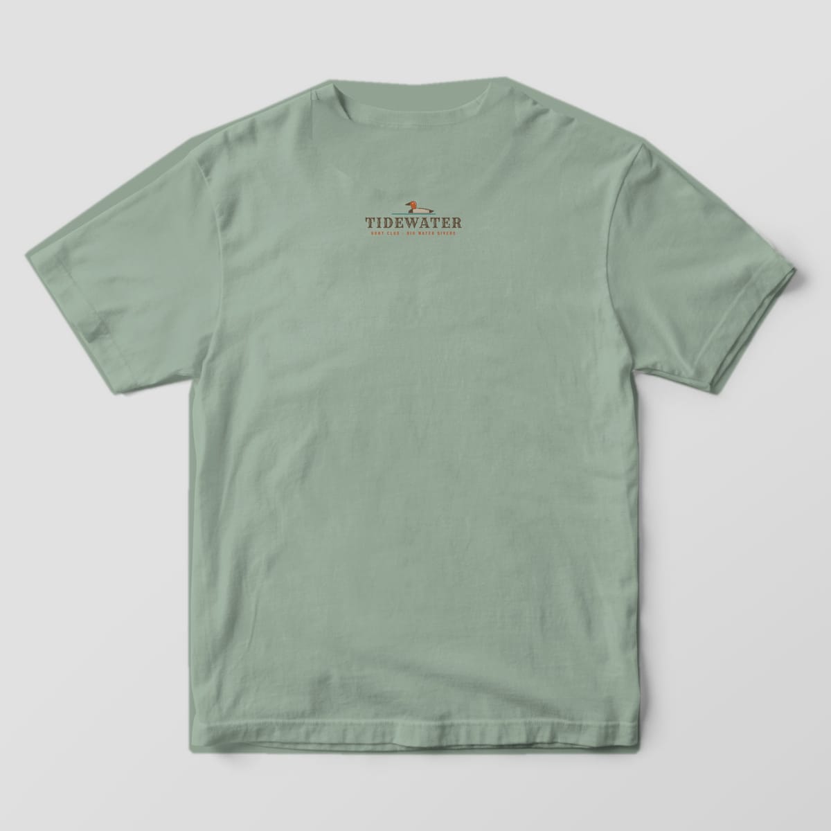 Back print on a Bay Comfort Colors 1717 tee: Small collar print under the neckline: a canvasback drake over "Tidewater" with "Hunt Club, Big Water Divers"