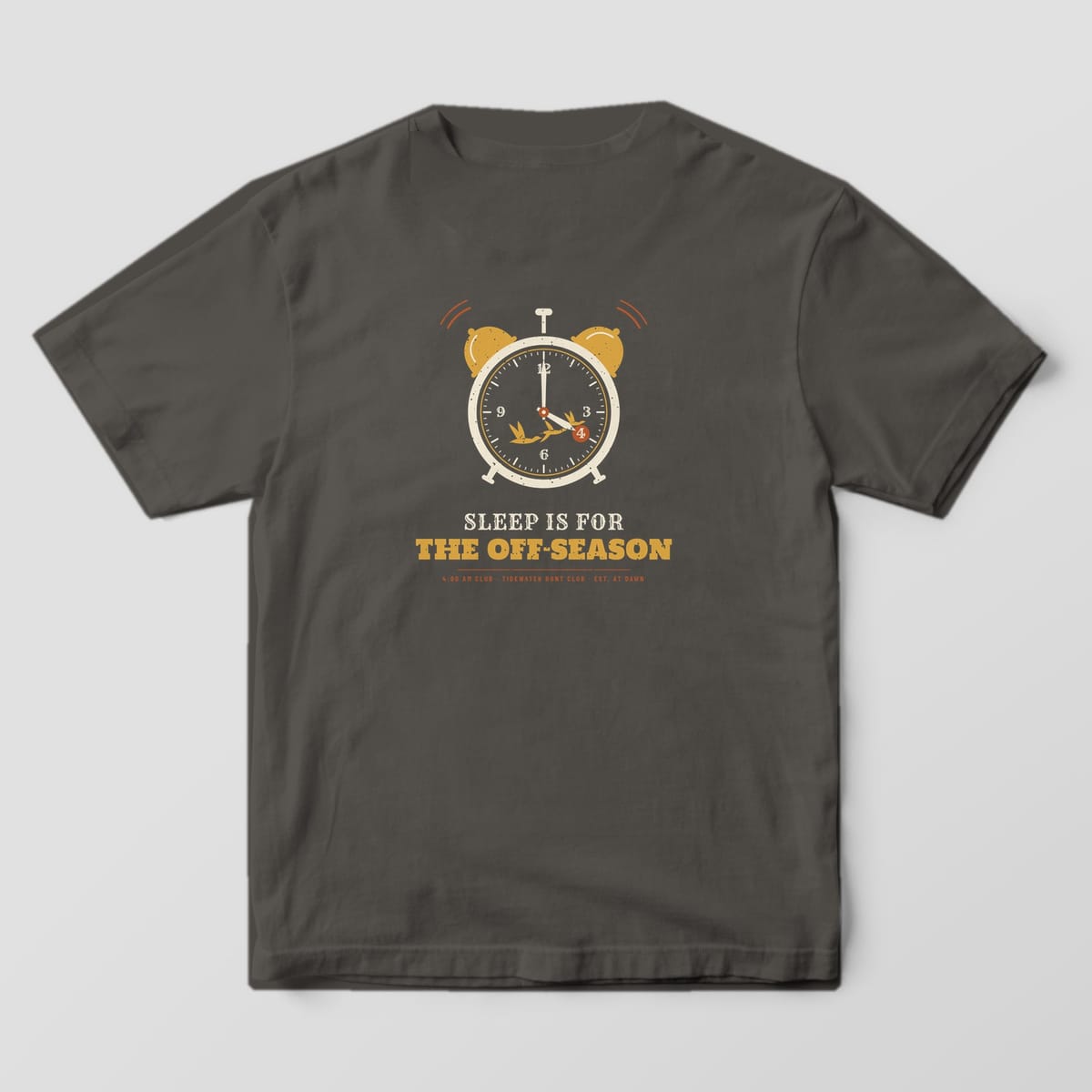 Back print on a Pepper Comfort Colors 1717 tee: Ringing twin-bell alarm clock reading 4:00 with gold ducks flying across the face, over "Sleep Is for the Off-Season" and "4:00 AM Club, Tidewater Hunt Club"