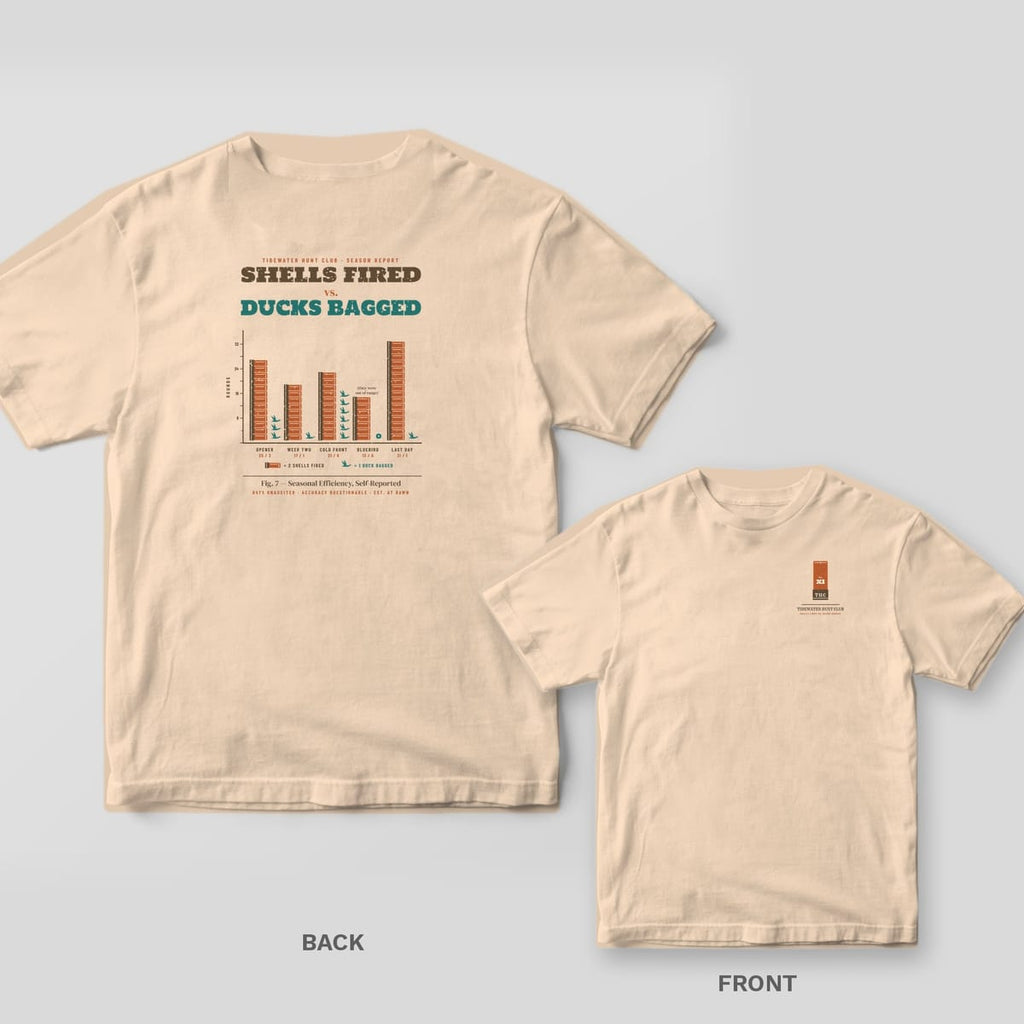 Shells Fired vs Ducks Bagged duck hunting shirt shown back and front on Ivory Comfort Colors 1717: shotshell bar chart of shells fired versus ducks bagged