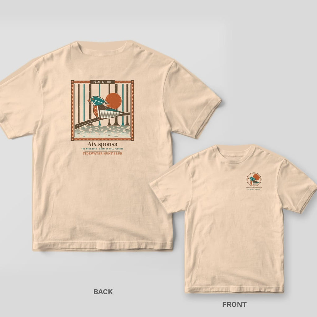 Aix Sponsa Wood Duck Plate duck hunting shirt shown back and front on Ivory Comfort Colors 1717: wood duck drake in a framed flooded-timber plate