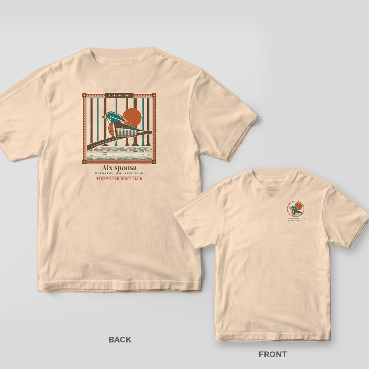 Aix Sponsa Wood Duck Plate duck hunting shirt shown back and front on Ivory Comfort Colors 1717: wood duck drake in a framed flooded-timber plate