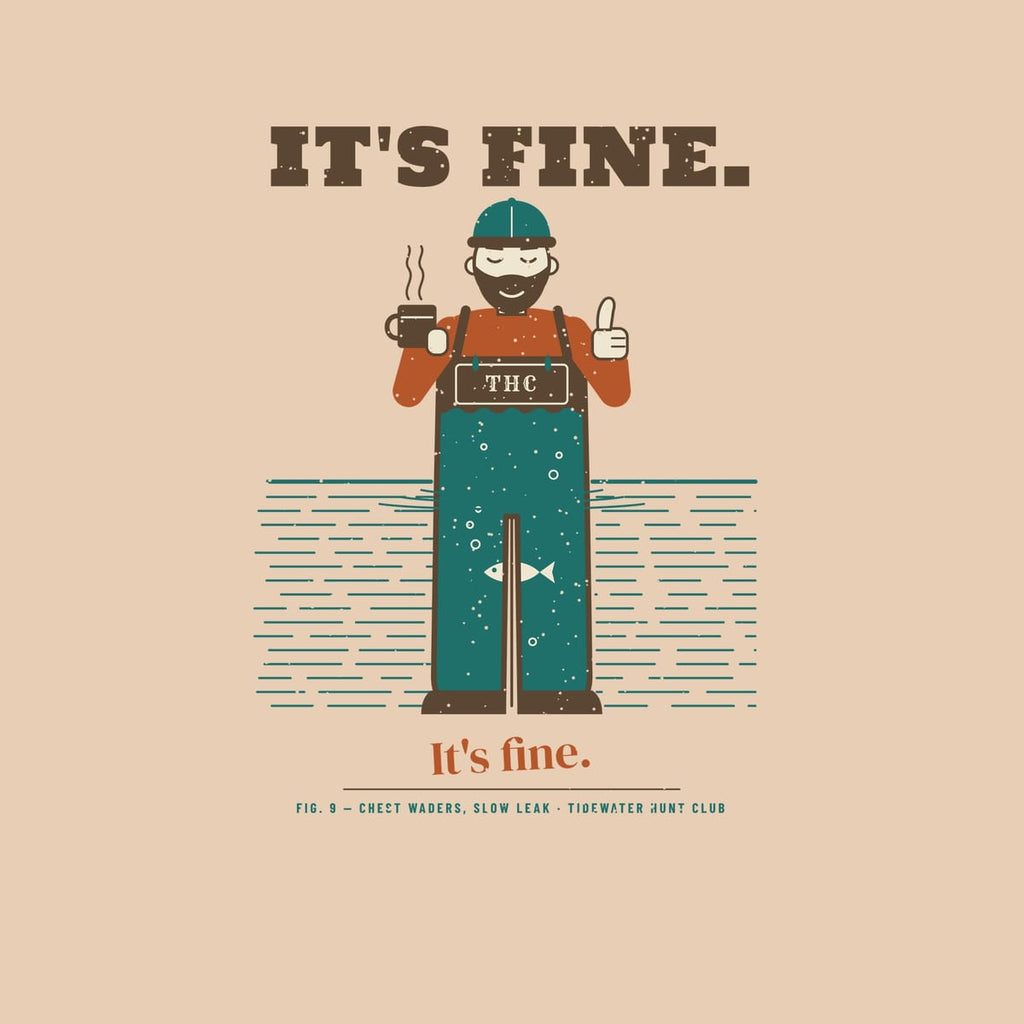 Close-up of the It's Fine Waders Leak back print showing the ink colors and vintage speckle texture