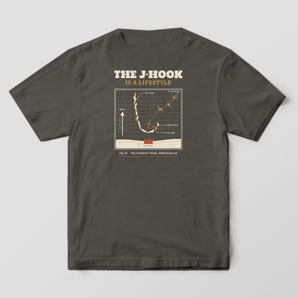 Back print on a Pepper Comfort Colors 1717 tee: "The J-Hook Is a Lifestyle" over a top-down decoy spread diagram on a grid with the shank, the hook, the landing hole, the blind, a wind arrow and incoming ducks, captioned "Fig. 10, The...