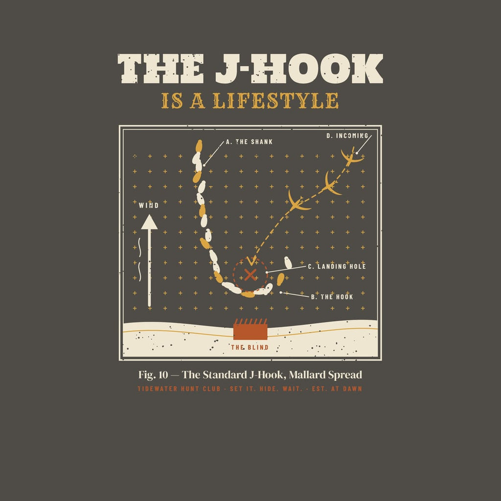 Close-up of the The J-Hook Is a Lifestyle back print showing the ink colors and vintage speckle texture