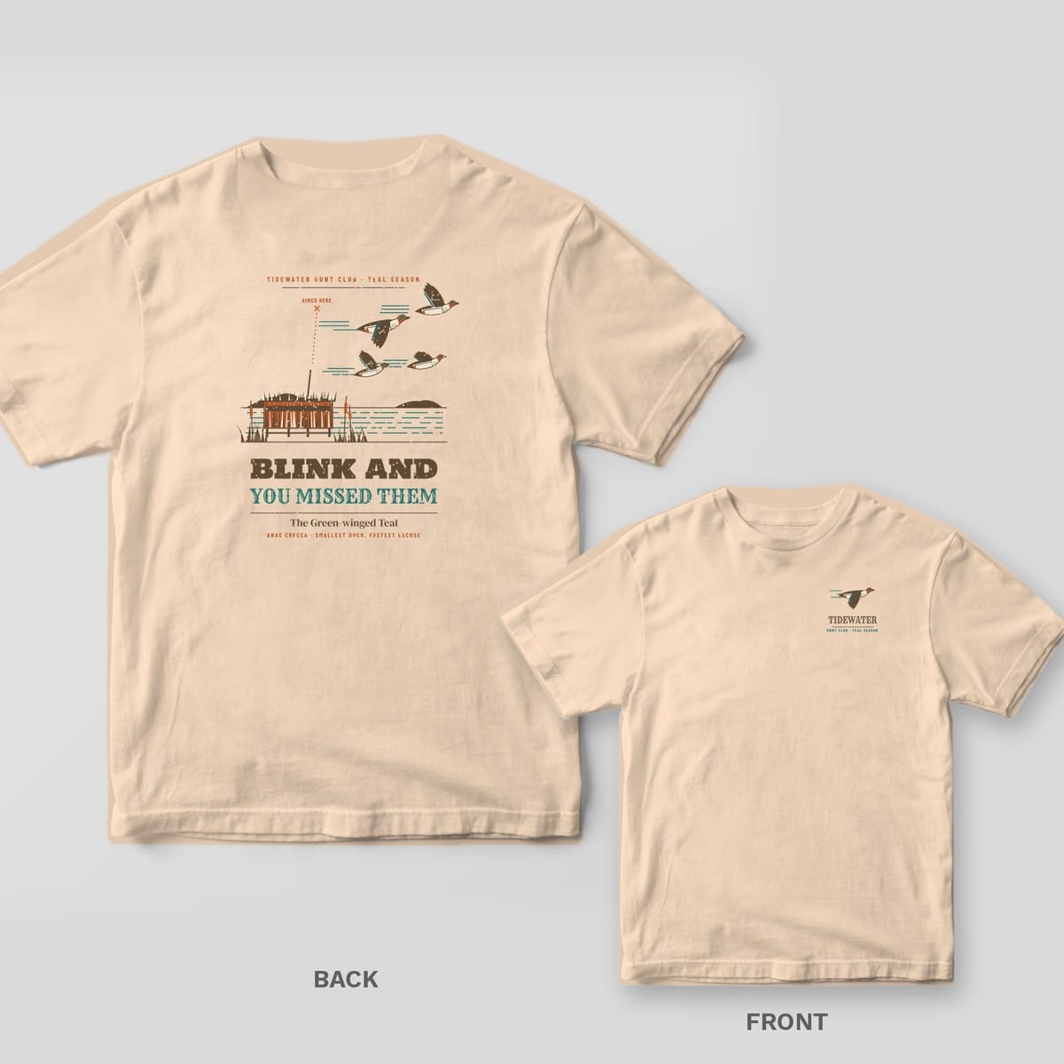 Back and front views of an ivory T-shirt with a duck blind scene and green-winged teal on the back and a small teal logo on the chest
