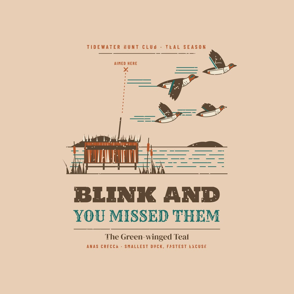 Close-up of the back print artwork: brushed duck blind, aimed-here marker, flying teal and title lettering