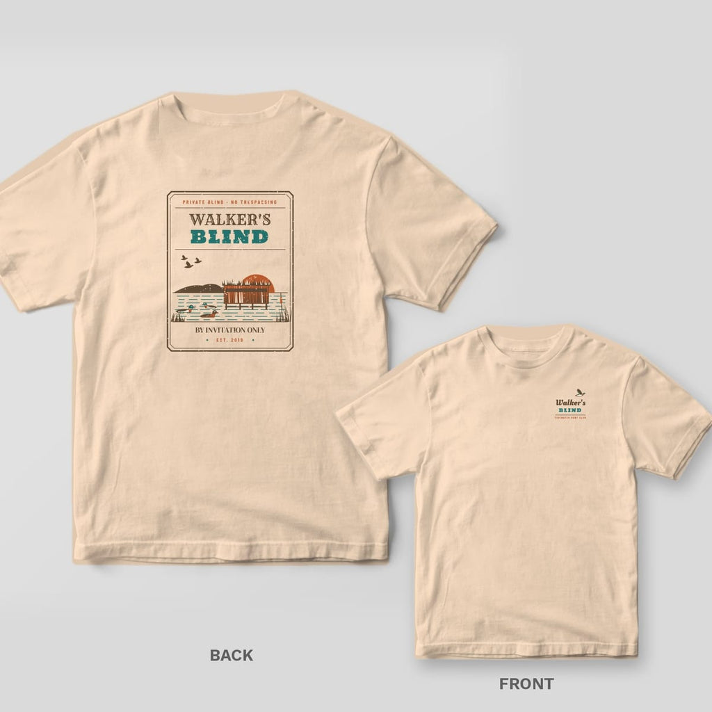 Back and front views of an ivory T-shirt with a personalized Walker's Blind badge on the back and a script name on the chest
