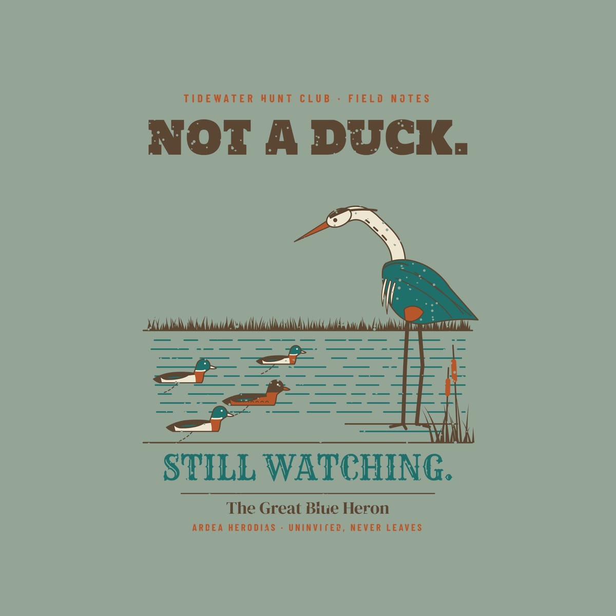 Close-up of the back artwork: teal-blue heron, cattails, decoys with anchor lines and Still Watching lettering