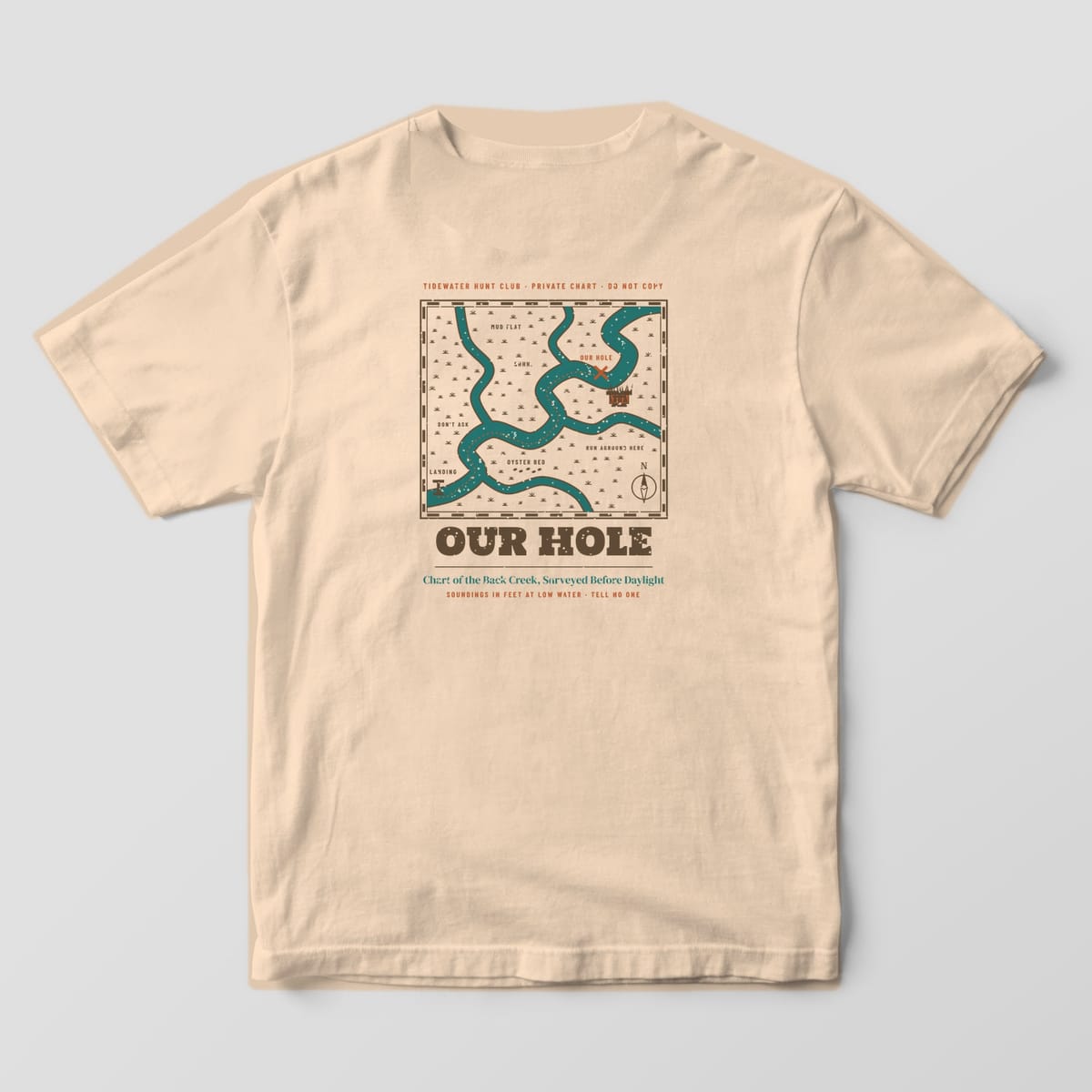 Ivory Comfort Colors T-shirt back with a vintage creek chart marked Our Hole with an X by a duck blind