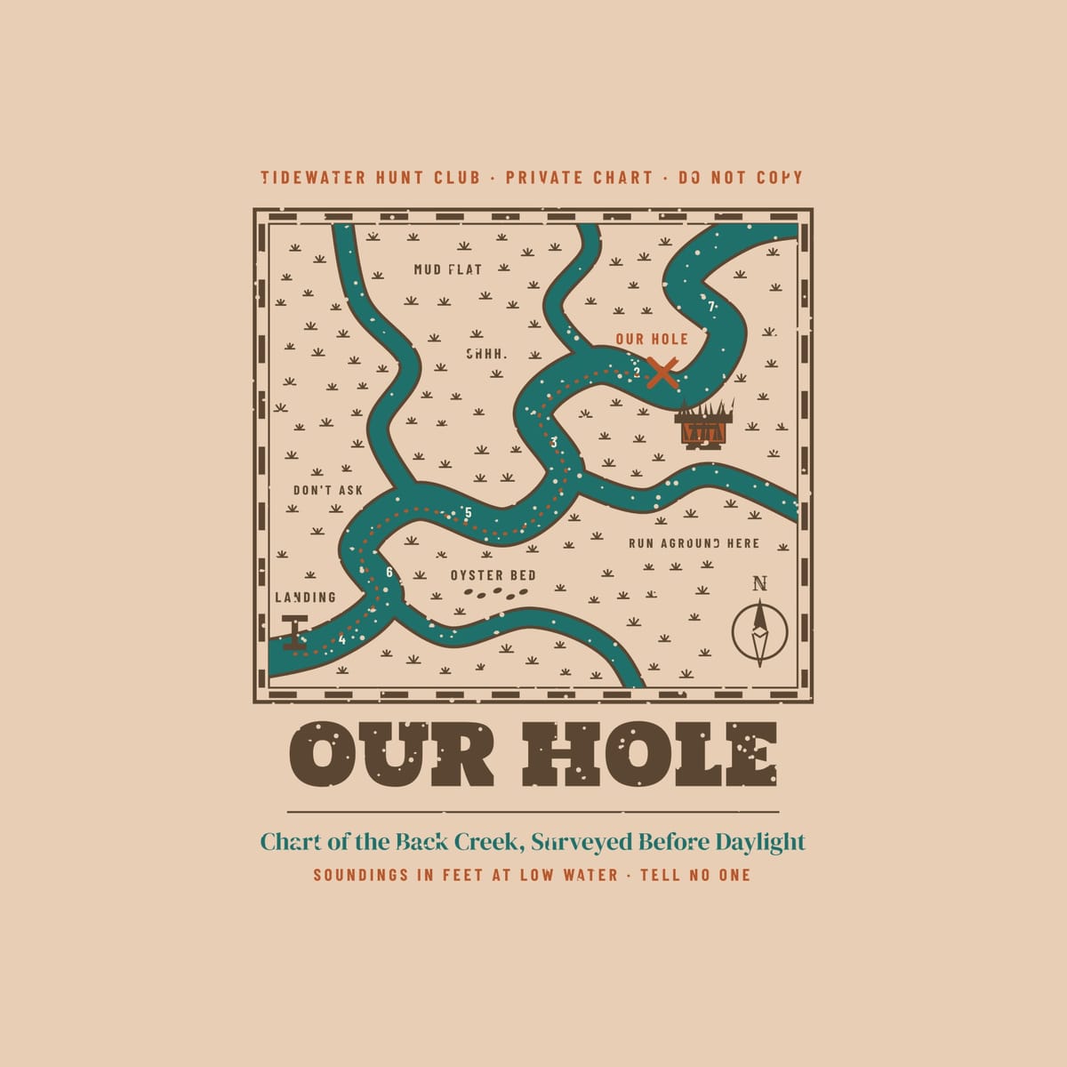 Close-up of the chart artwork showing teal creeks, marsh tufts, depth numbers, the dotted route and the X