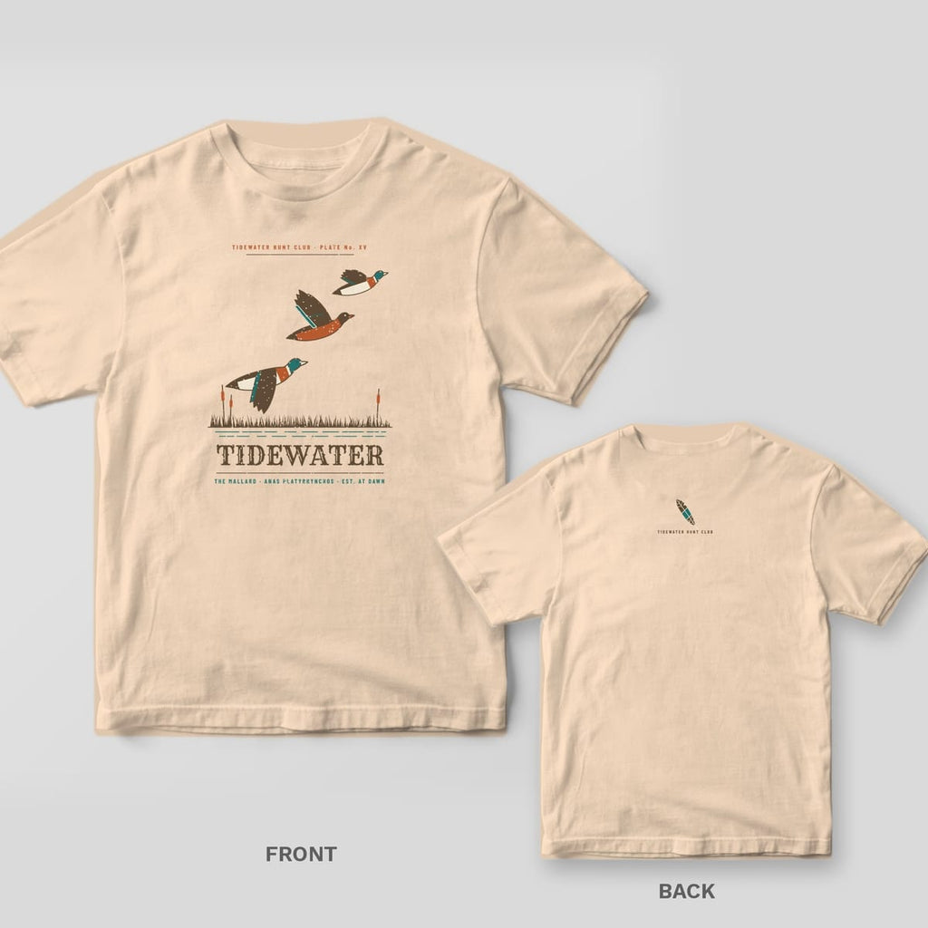 Back and front views of an ivory T-shirt with a small feather below the back collar and three flying mallards across the front