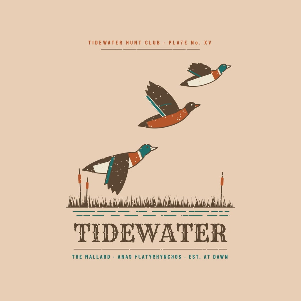 Close-up of the full-front artwork showing a drake, hen and drake mallard in flight above a marsh