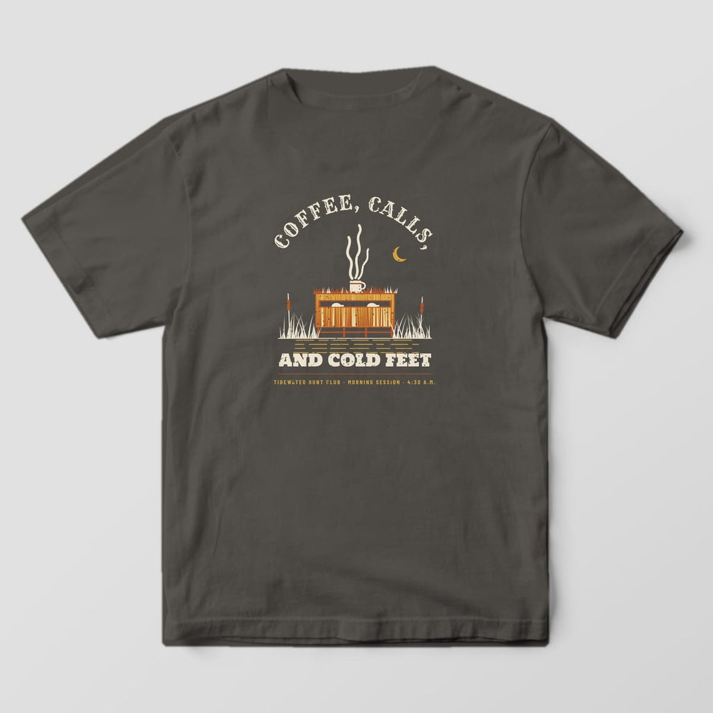 Pepper Comfort Colors T-shirt back with a brushed duck blind, steaming mug and the words Coffee, Calls, and Cold Feet