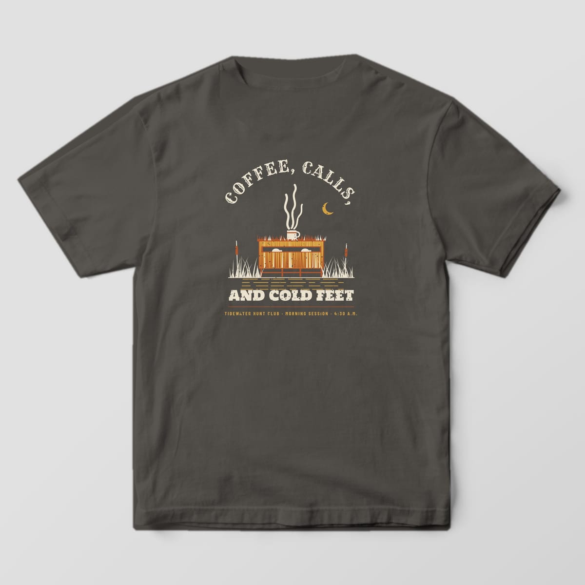 Pepper Comfort Colors T-shirt back with a brushed duck blind, steaming mug and the words Coffee, Calls, and Cold Feet
