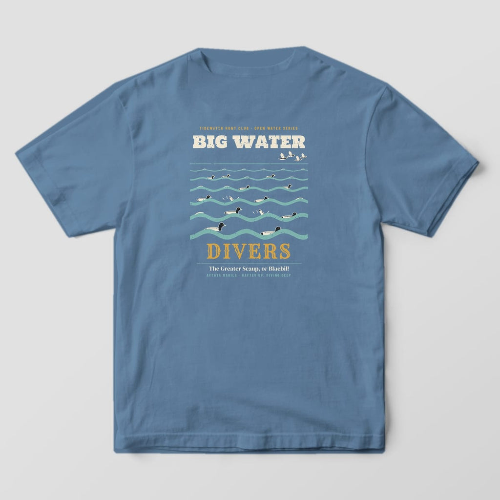 Blue Jean Comfort Colors T-shirt back with bluebill ducks on rows of waves and the words Big Water Divers
